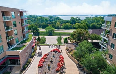 Aerial view of the facility's outdoor space and lake