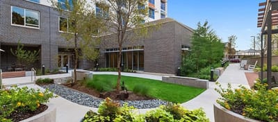 A landscaped courtyard with pathways and greenery