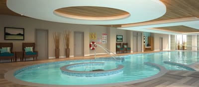 Indoor pool area featuring modern design