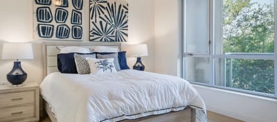Cozy bedroom with modern decor in a senior living facility