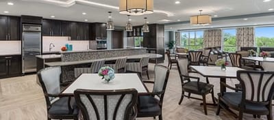 Bright dining area with modern decor and tables