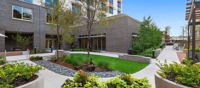 Outdoor courtyard with landscaping and seating areas
