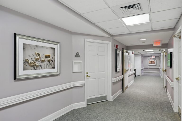 Interior hallway with framed artwork
