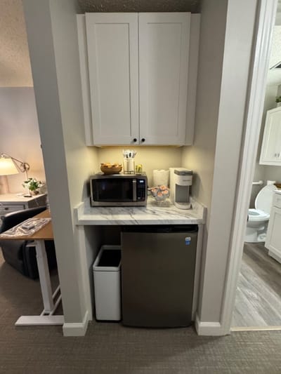 An interior kitchenette area in a resident room