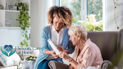 Staff member assisting a resident in a bright setting