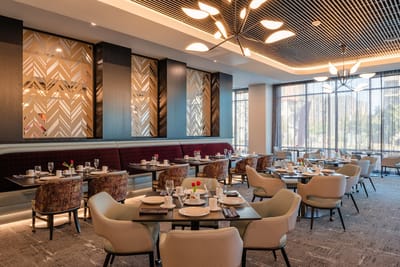 Modern dining room setup with elegant table settings