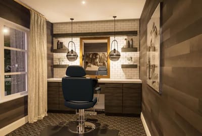 Hair salon interior with modern decor and lighting
