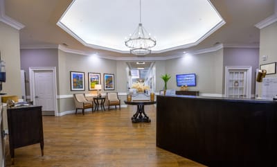 Bright and welcoming interior lobby of a senior living facility