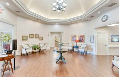 Bright common area with seating and decor