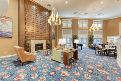 Interior common area with seating and decorative elements