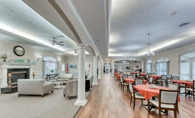 Interior view of dining area with tables and seating