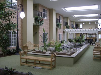 Indoor common area with seating and plants