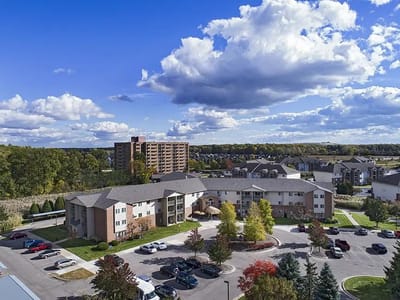 Aerial view of the assisted living facility buildings and grounds