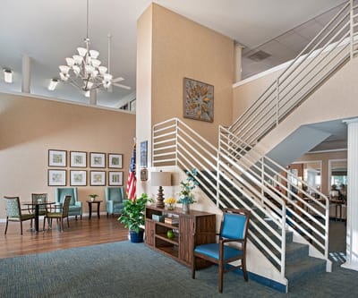 Bright interior of a common area with a staircase