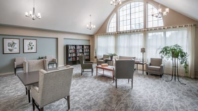 Bright and inviting common area with seating.