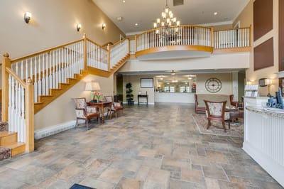 Interior view of a spacious lobby with seating
