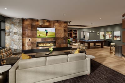 Cozy interior lounge area with fireplace and seating