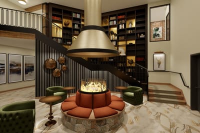 Interior common area with a fireplace and seating