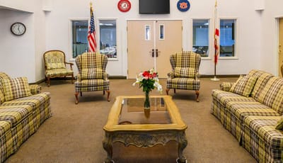 Bright common area with seating and decorations