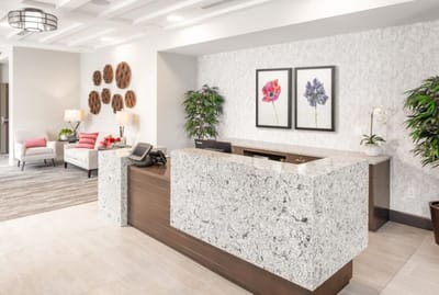 Modern reception area with seating and decor