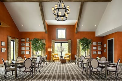 Interior view of a cozy common area with seating