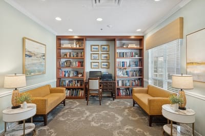 Cozy interior lounge area with bookshelves and seating