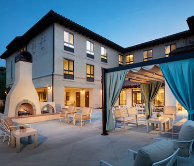 Outdoor seating area of a senior living facility