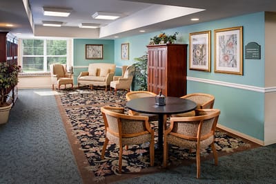 Bright common area with seating and decor