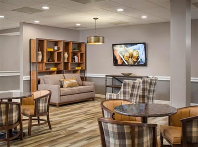 Bright common area with seating and decor