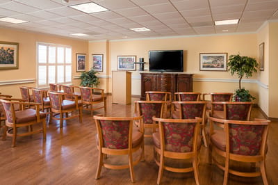 Interior view of a common area with seating