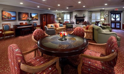 Cozy common area with seating and fireplace
