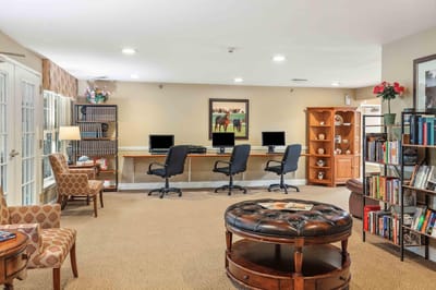Interior common area with seating and computer stations