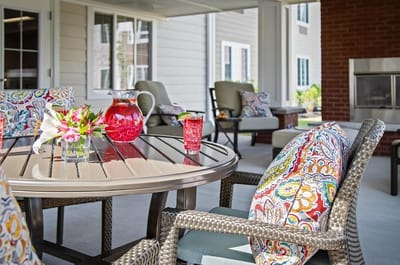 Outdoor seating area with colorful decor