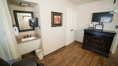 Interior view of a resident room with a bathroom