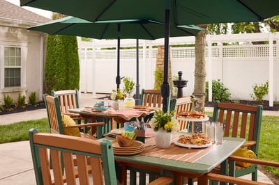 Outdoor dining setup with food and drinks