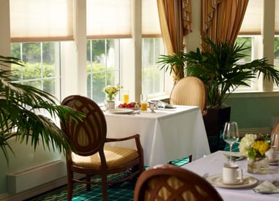 Elegant dining room setup with breakfast items