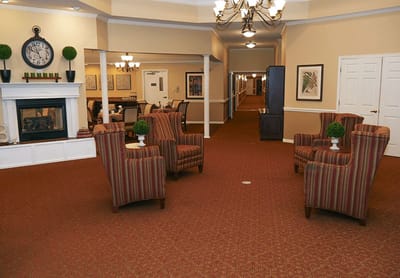 Cozy common area with seating and fireplace