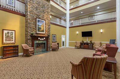 Interior view of a spacious lobby with seating
