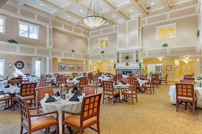 Bright dining area with neatly arranged tables and chairs