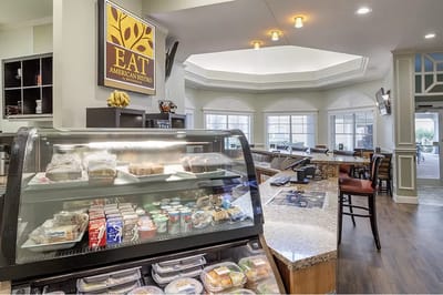 Interior view of the dining area with food displays