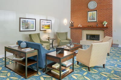 Bright common area with seating and decor