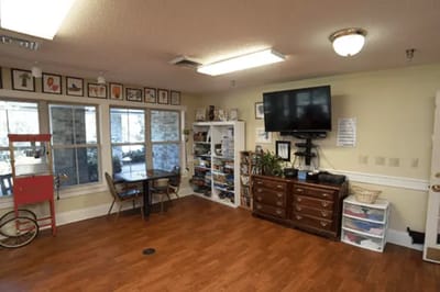 Bright common area with games and seating