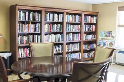 Interior view of a library with shelves of books