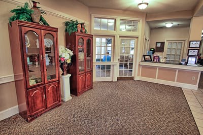 Interior of a facility lobby with cabinets