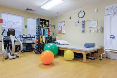 Therapy room with exercise equipment and colorful balls