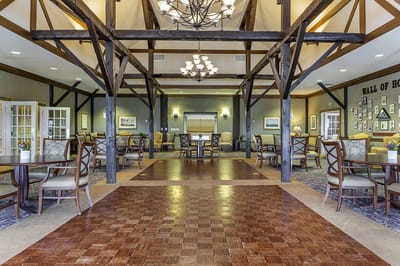 Interior common area with wooden beams and seating
