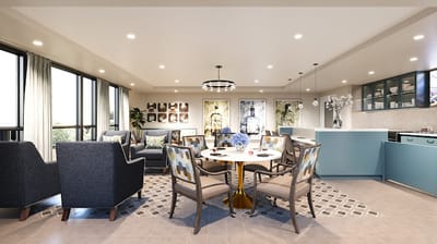 Bright common area with seating and artwork