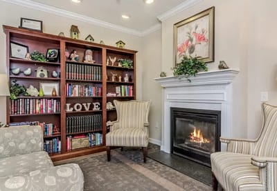 Cozy common area with bookshelves and fireplace