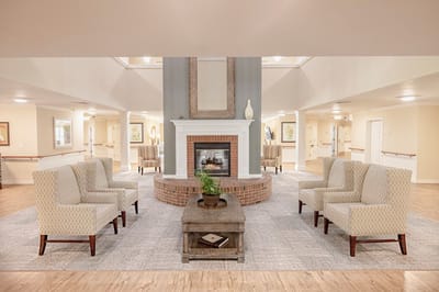 Inviting common area with seating and fireplace