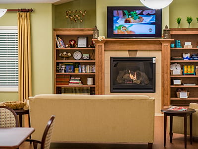 Cozy common area with a fireplace and bookshelves